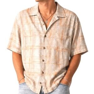 Caribbean Mens Orange Plaid Short Sleeve Silk Button Up Shirt Extra Large XL